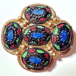 Vintage Sarah Coventry gold mosaic painted brooch pin